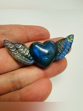 Flashy Labradorite Winged Heart Carving - Blue Fire Angel Wings Crystal